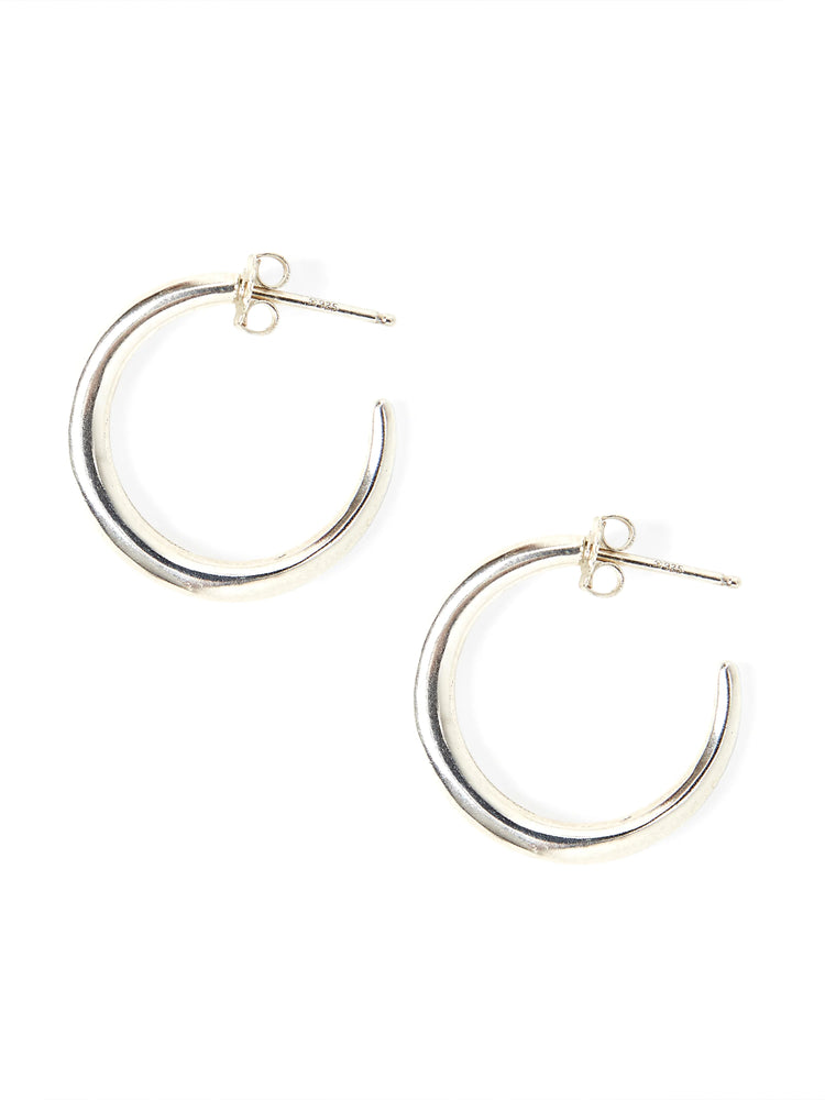 Silver hoop earrings; simple, smooth, slightly curved.  Post-back closure.
