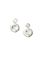 Pair of silver hammered drop earrings, each with two irregular, organic-shaped metal pieces.