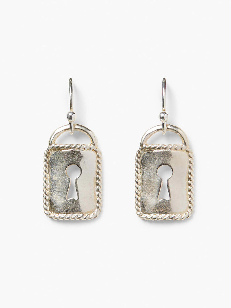 Two silver rectangular earrings with keyhole cutouts. Each has a twisted rope border and fishhook ear wires.