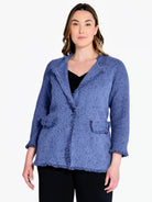 Blue knit blazer with fringe trim;  open front, three-quarter sleeves.  Textured fabric.