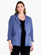 Blue knit blazer with fringe trim, single button closure.  3/4 sleeves.