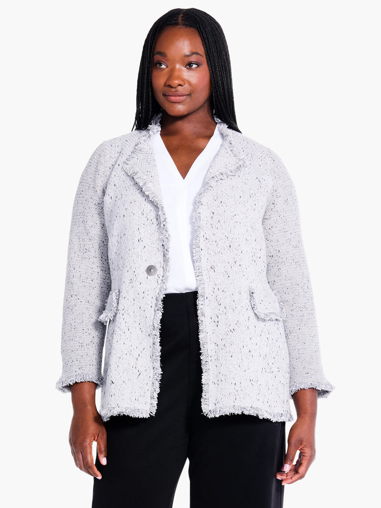 Gray knit blazer with fringe trim.  Single button closure.  Light gray and white flecks in fabric.