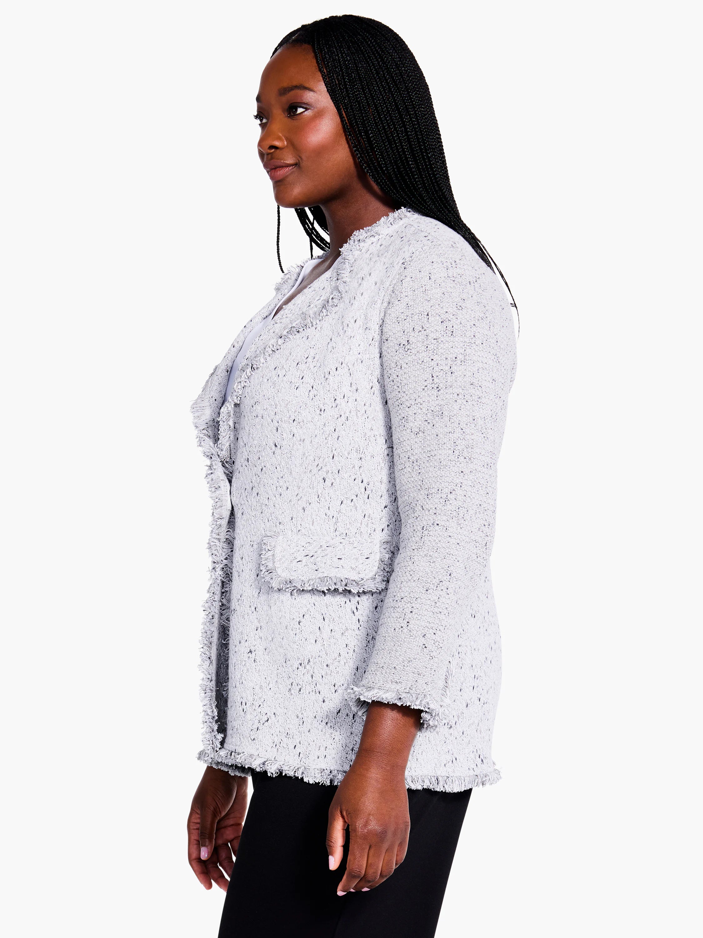 Light gray knit blazer with textured, speckled pattern and frayed edges.  Three-quarter sleeves.