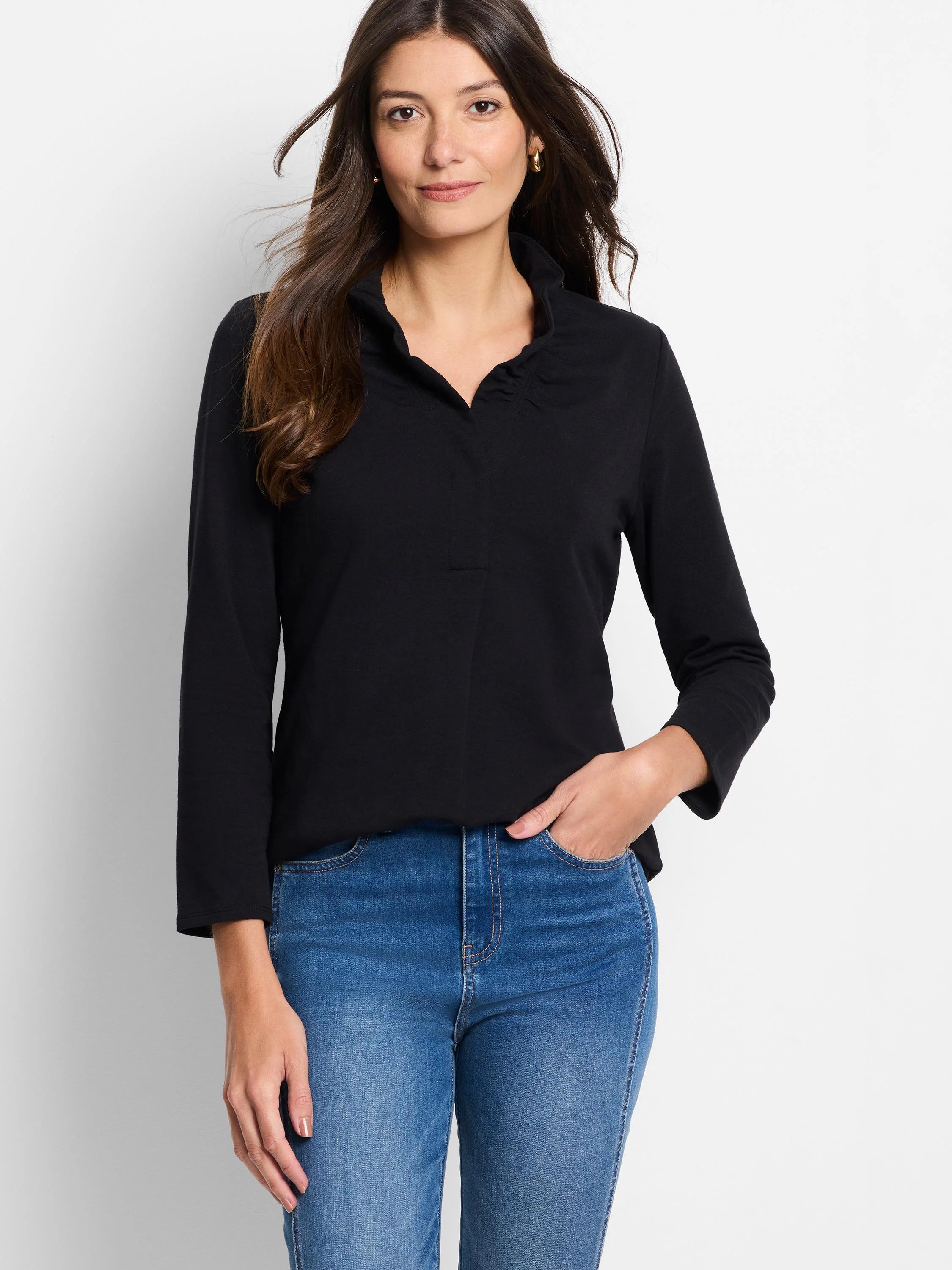 Black top with a gathered stand-up V-neck collar and 3/4 sleeves.