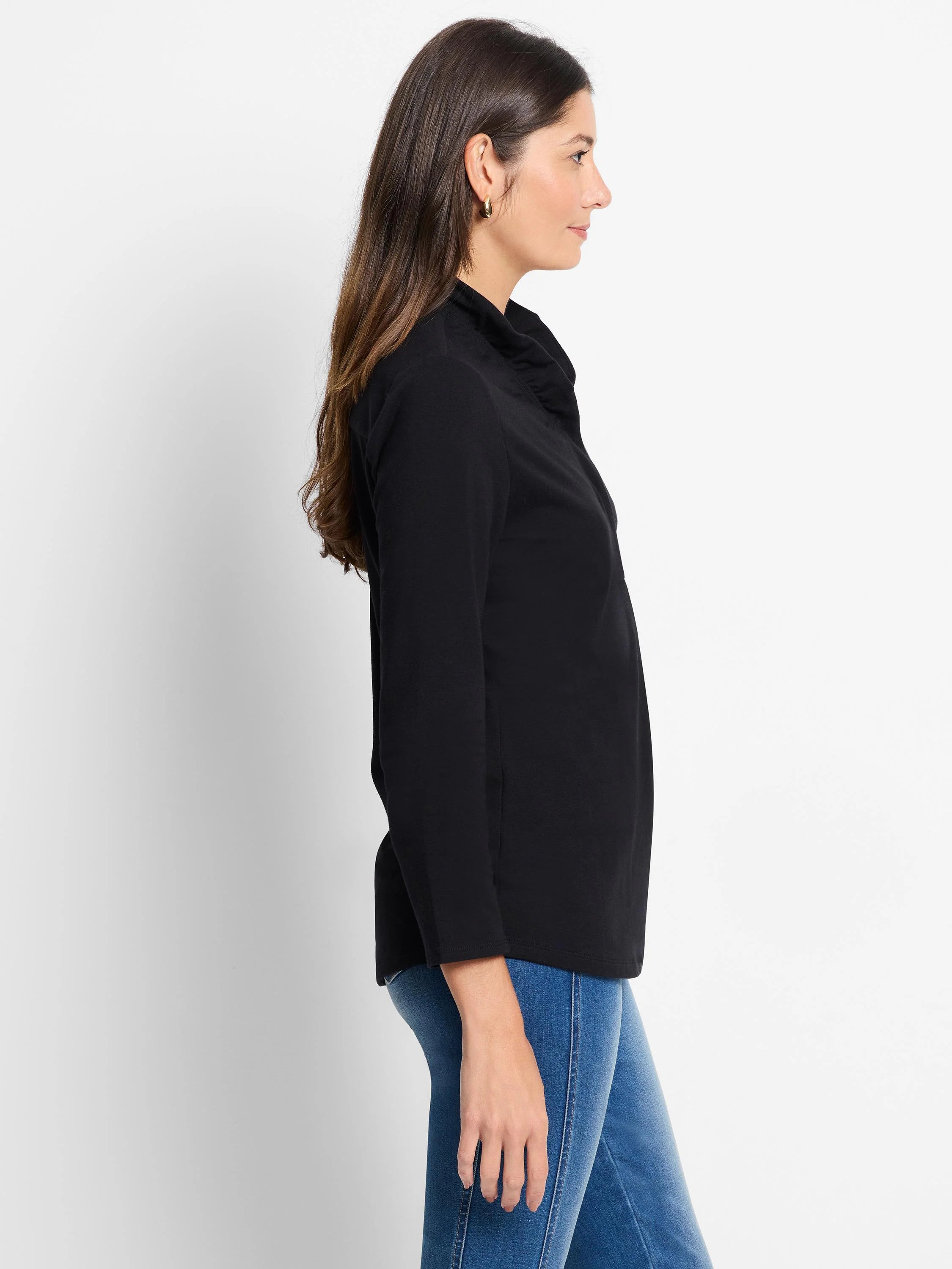Black long-sleeve top with a ruffled high collar.