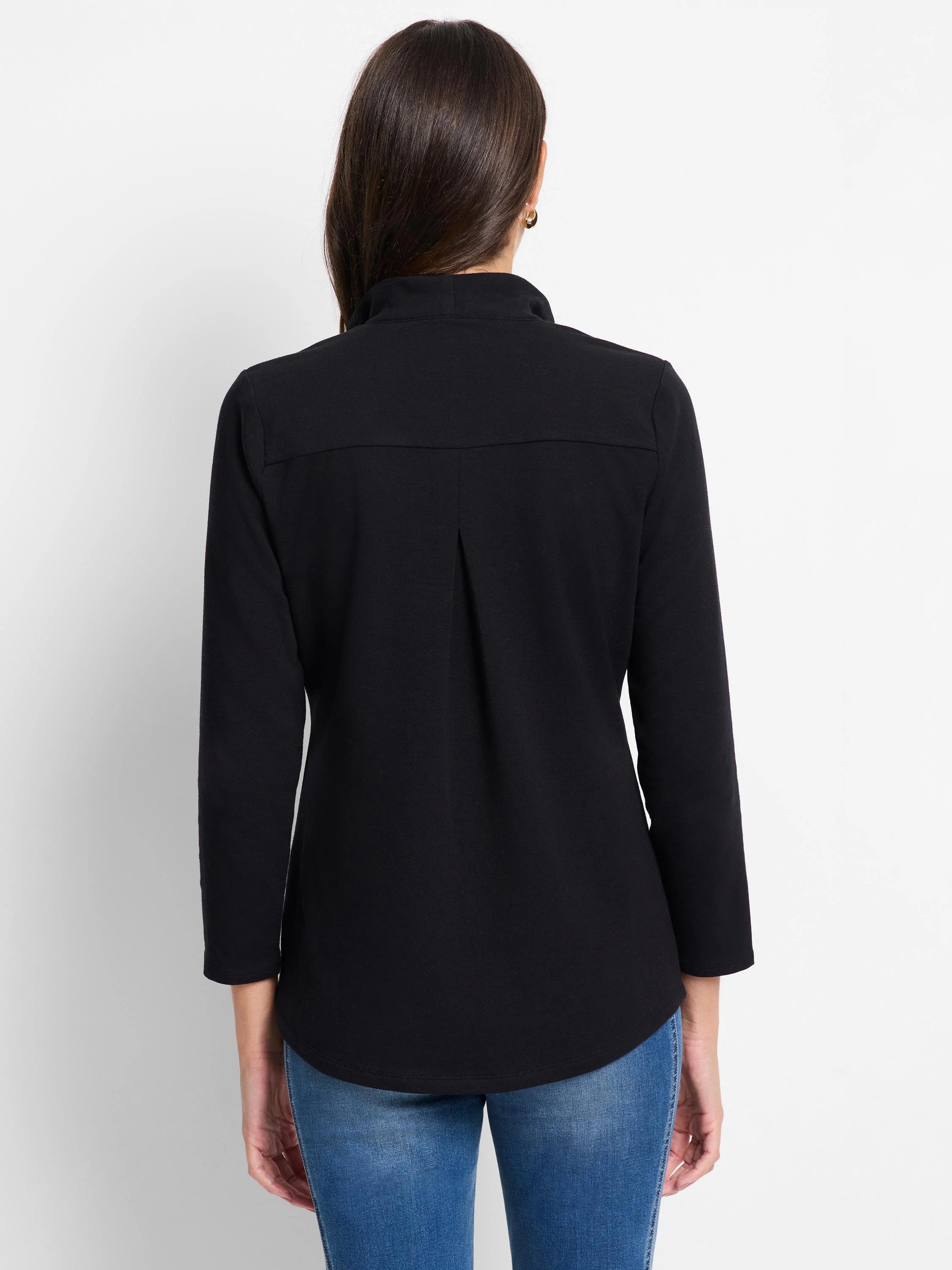 Black high neck top with 3/4 sleeves, a back yoke, and a central vertical ruffle detail on the back.