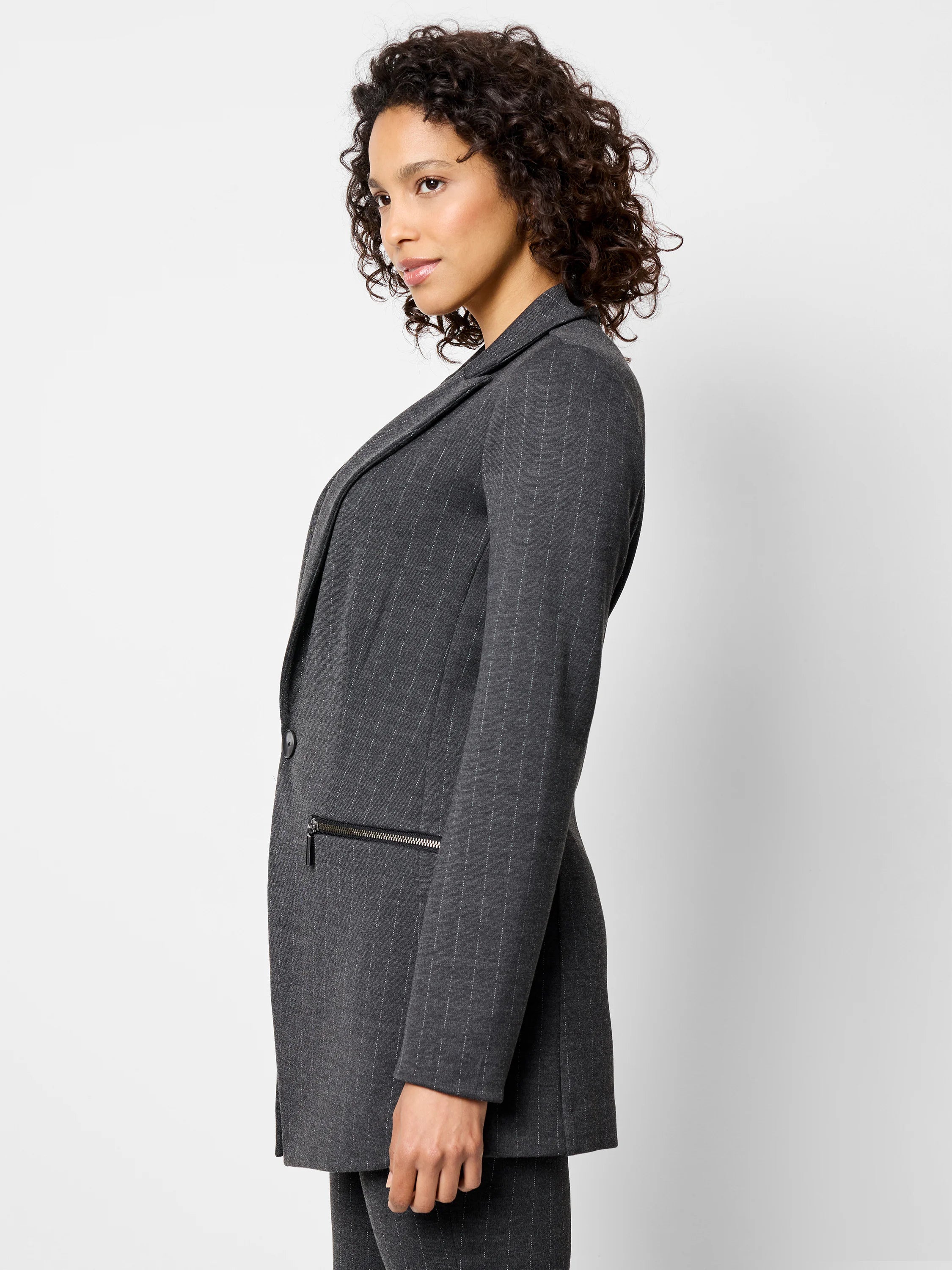 Charcoal pinstripe knit jacket with a single button closure and diagonal zip pocket.