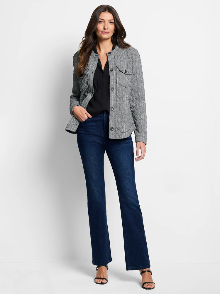 Quilted gray and white plaid jacket with dark buttons and two chest pockets.