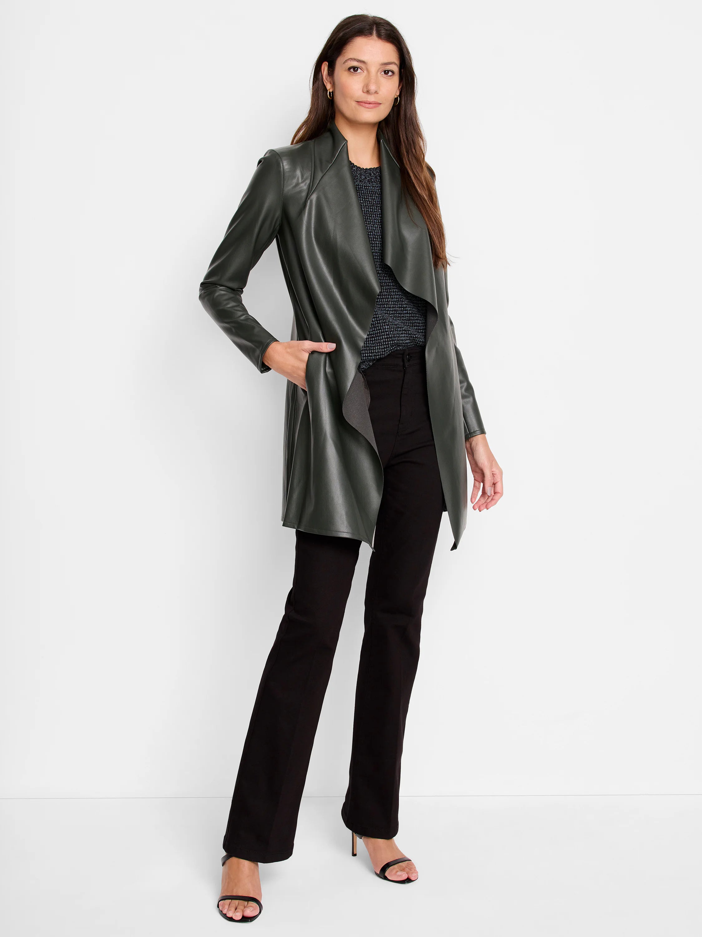 Dark green faux leather jacket with draped open front, long sleeves, and side pockets.