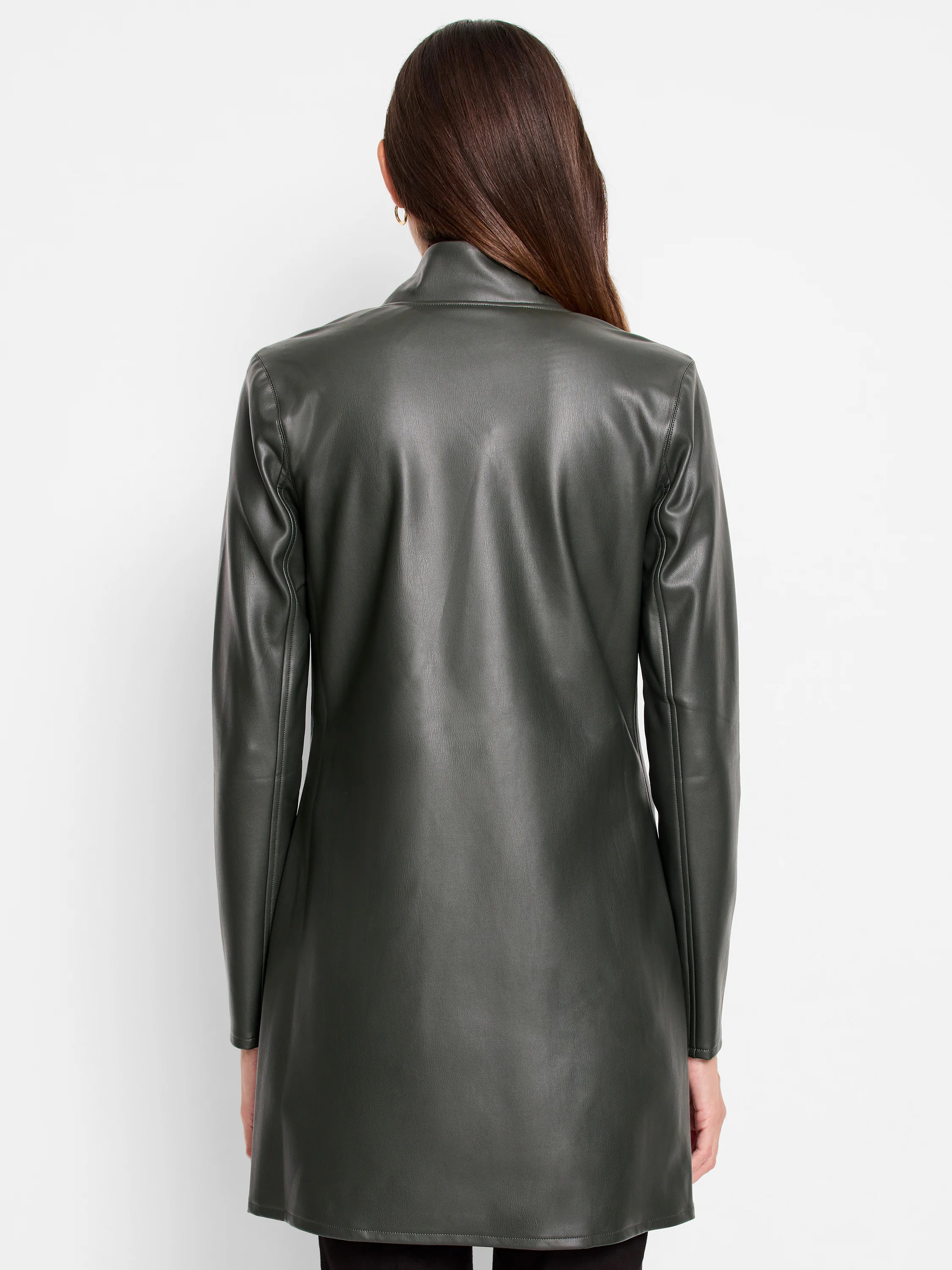 Deep olive green faux leather longline jacket, long-sleeved with high collar, viewed from back.