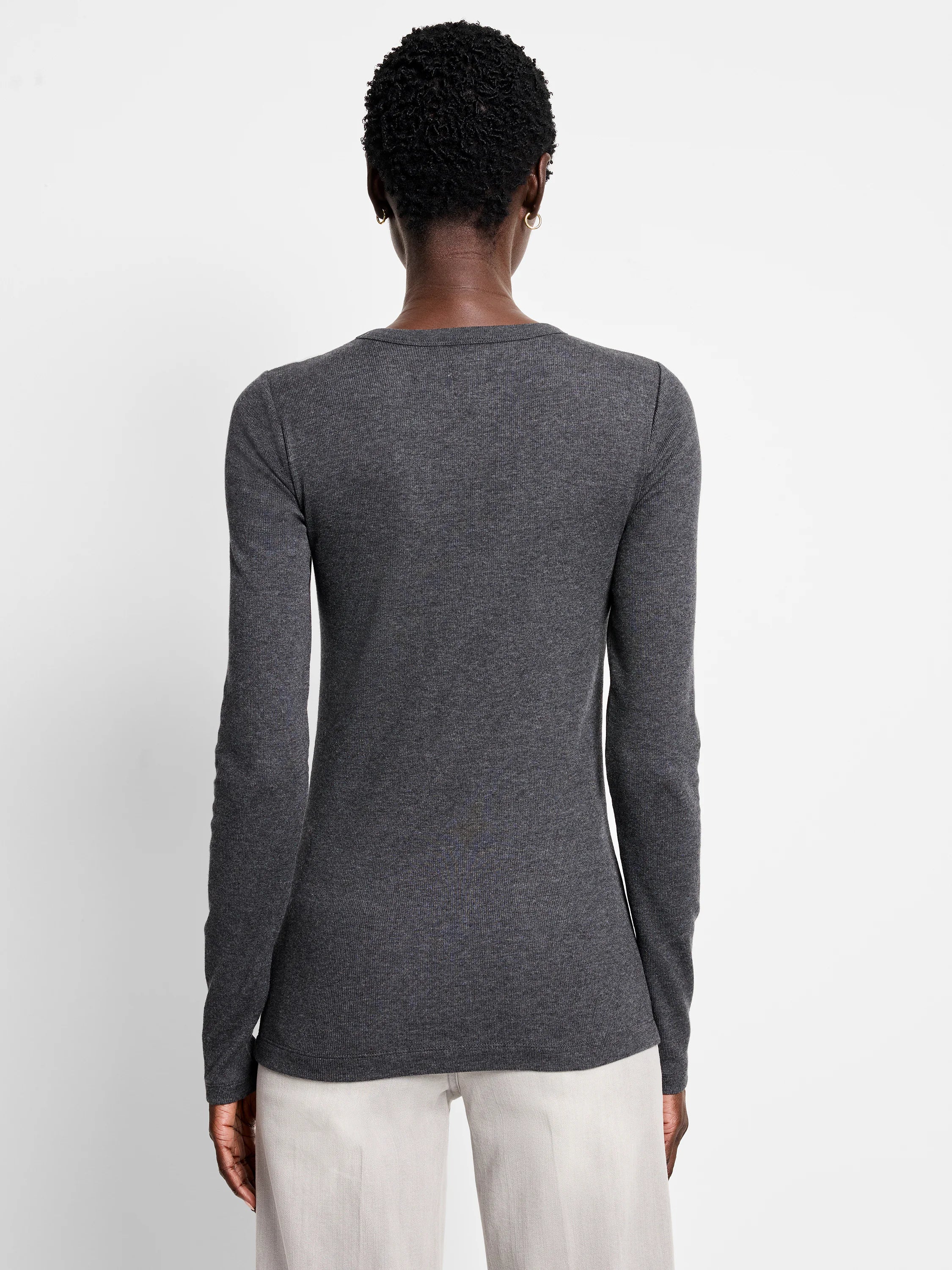 Dark gray ribbed knit long sleeve tee, viewed from the back.