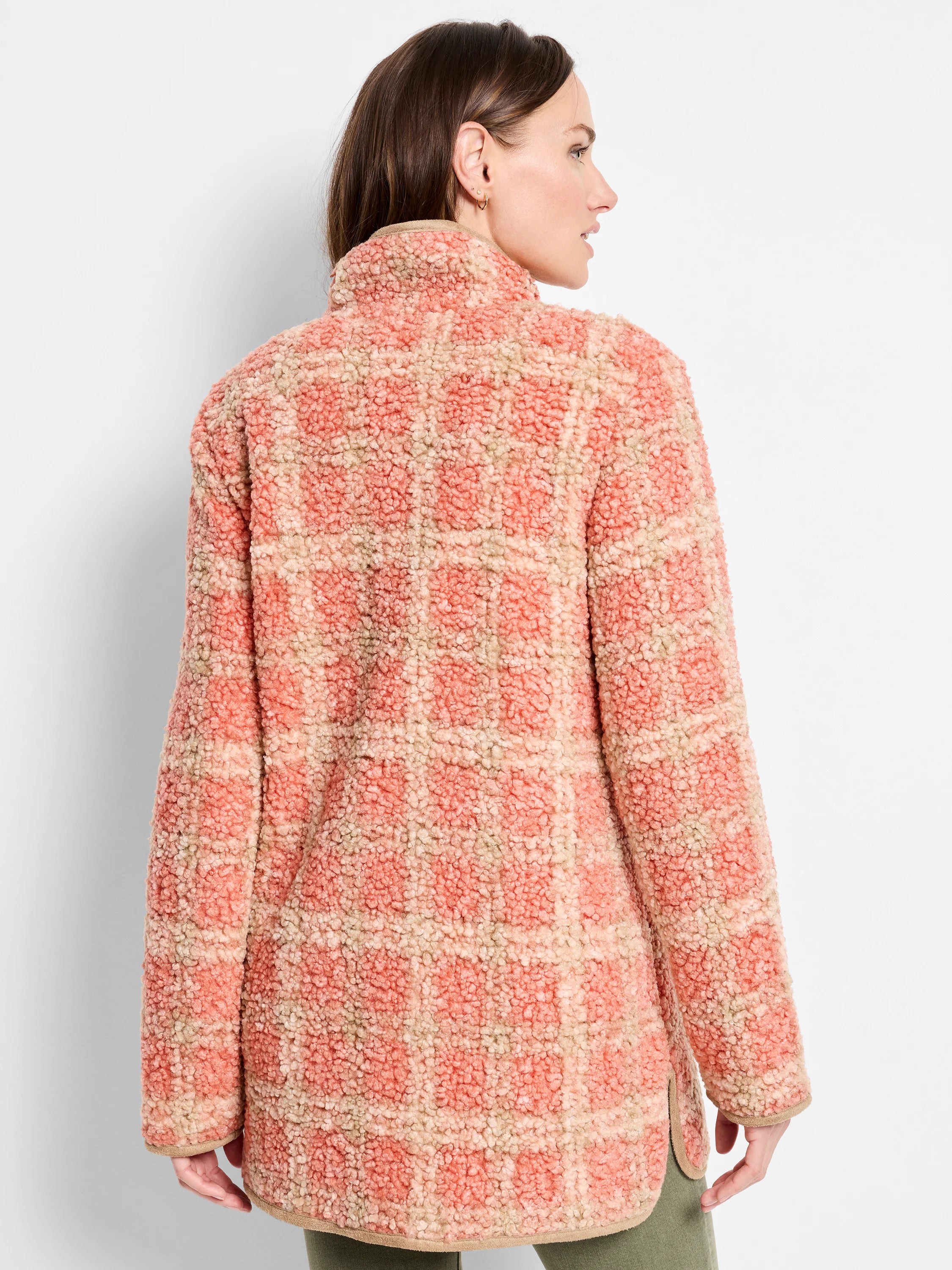Peach and tan plaid sherpa jacket with a mock neck.