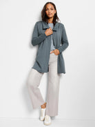 Slate blue, long-sleeve jacket with an open front, wide collar, and relaxed fit, reaching mid-thigh.