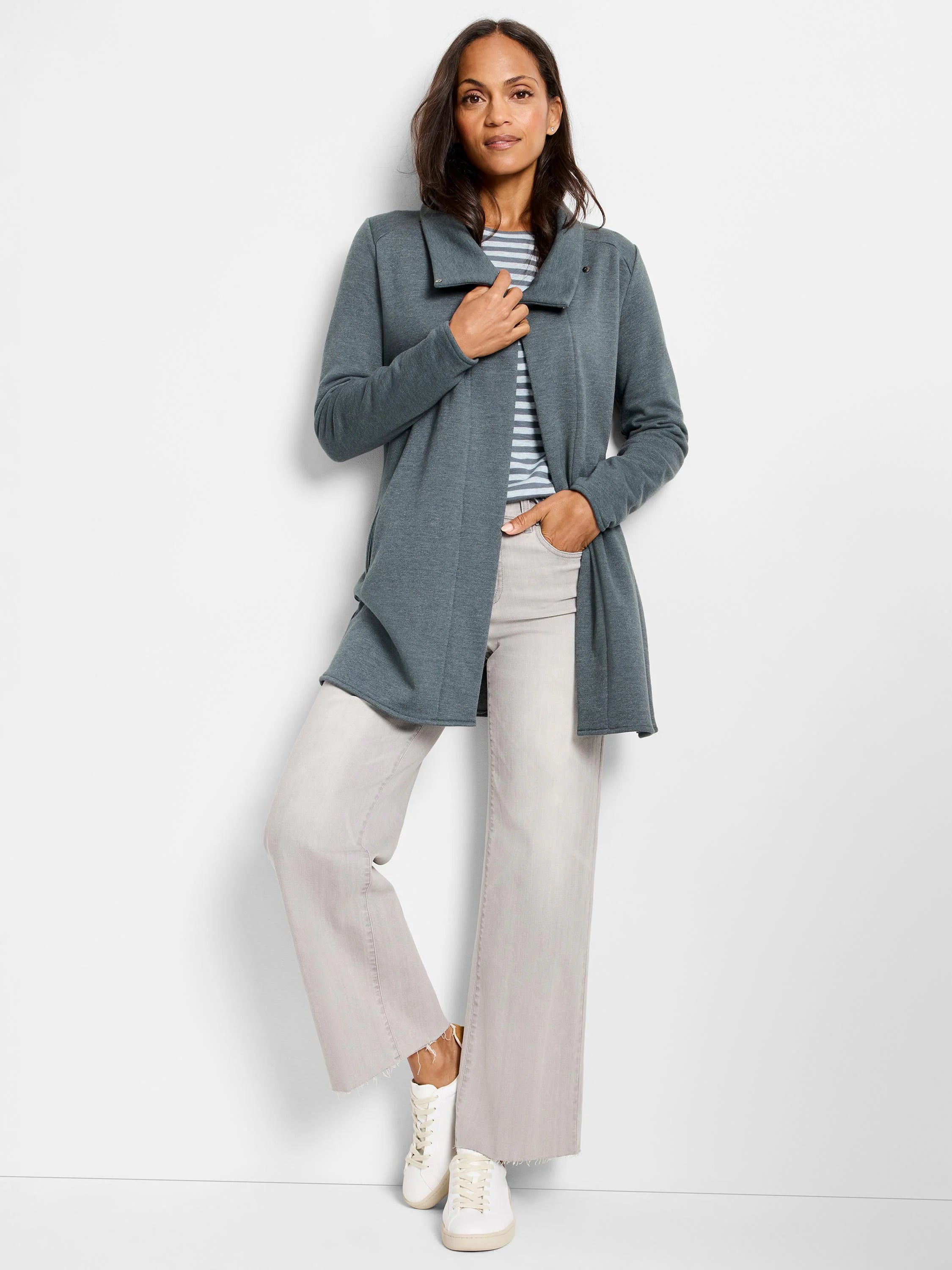 Slate blue, long-sleeve jacket with an open front, wide collar, and relaxed fit, reaching mid-thigh.