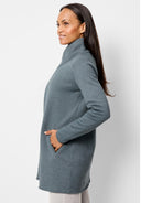 Slate blue jacket with a high collar, long sleeves, side pockets, and open front. Hip-length.