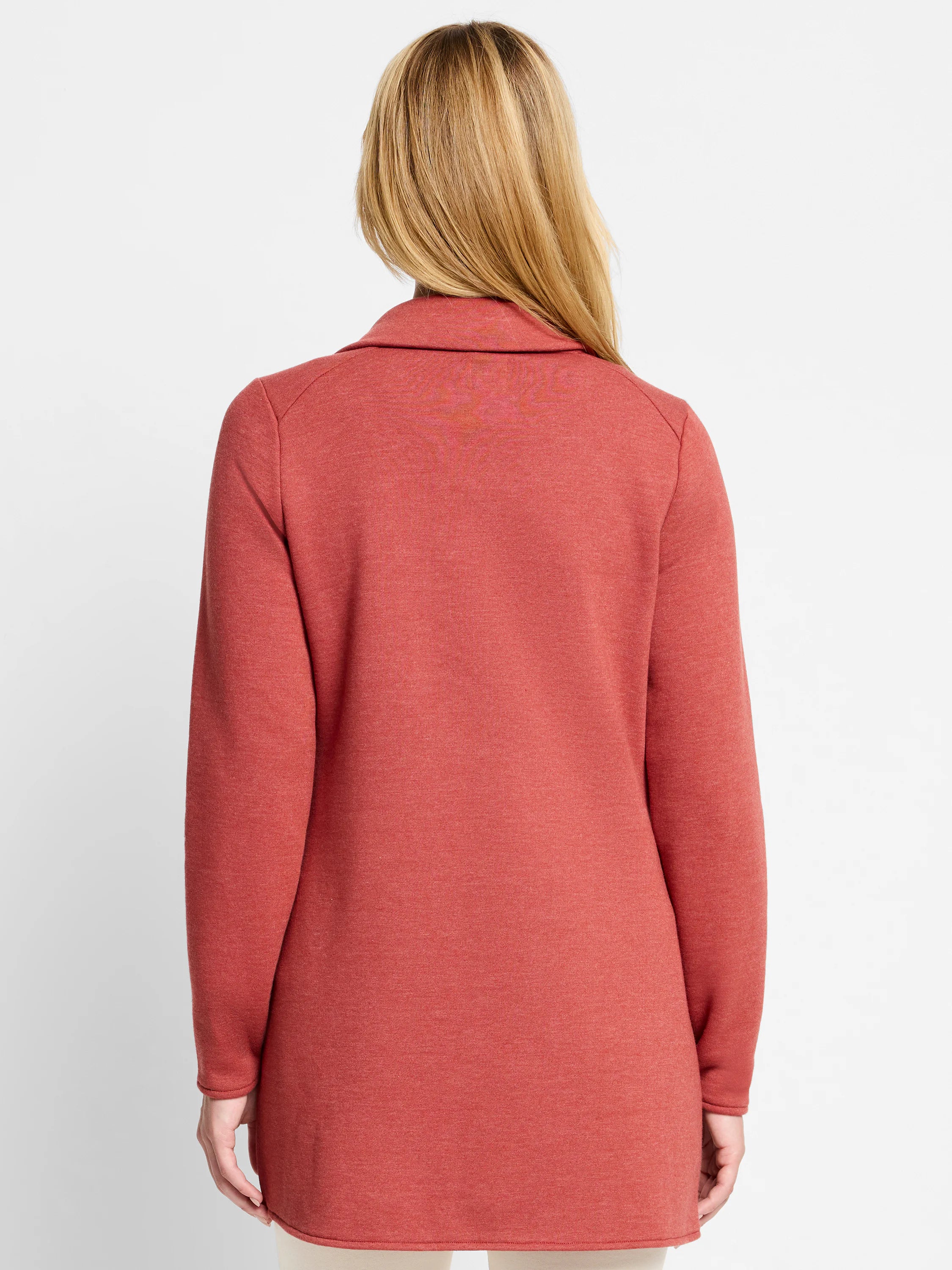 Terracotta heathered knit jacket with long sleeves and collar, shown from the back.