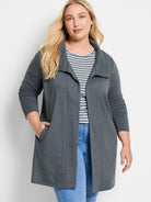 Dark grey open-front jacket with a relaxed collar, long sleeves, and side pockets. Tunic length.