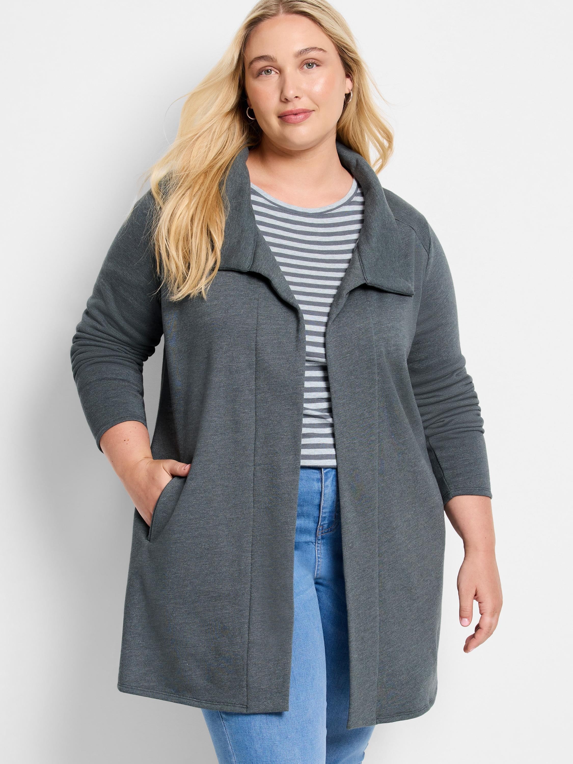 Dark grey open-front jacket with a relaxed collar, long sleeves, and side pockets. Tunic length.