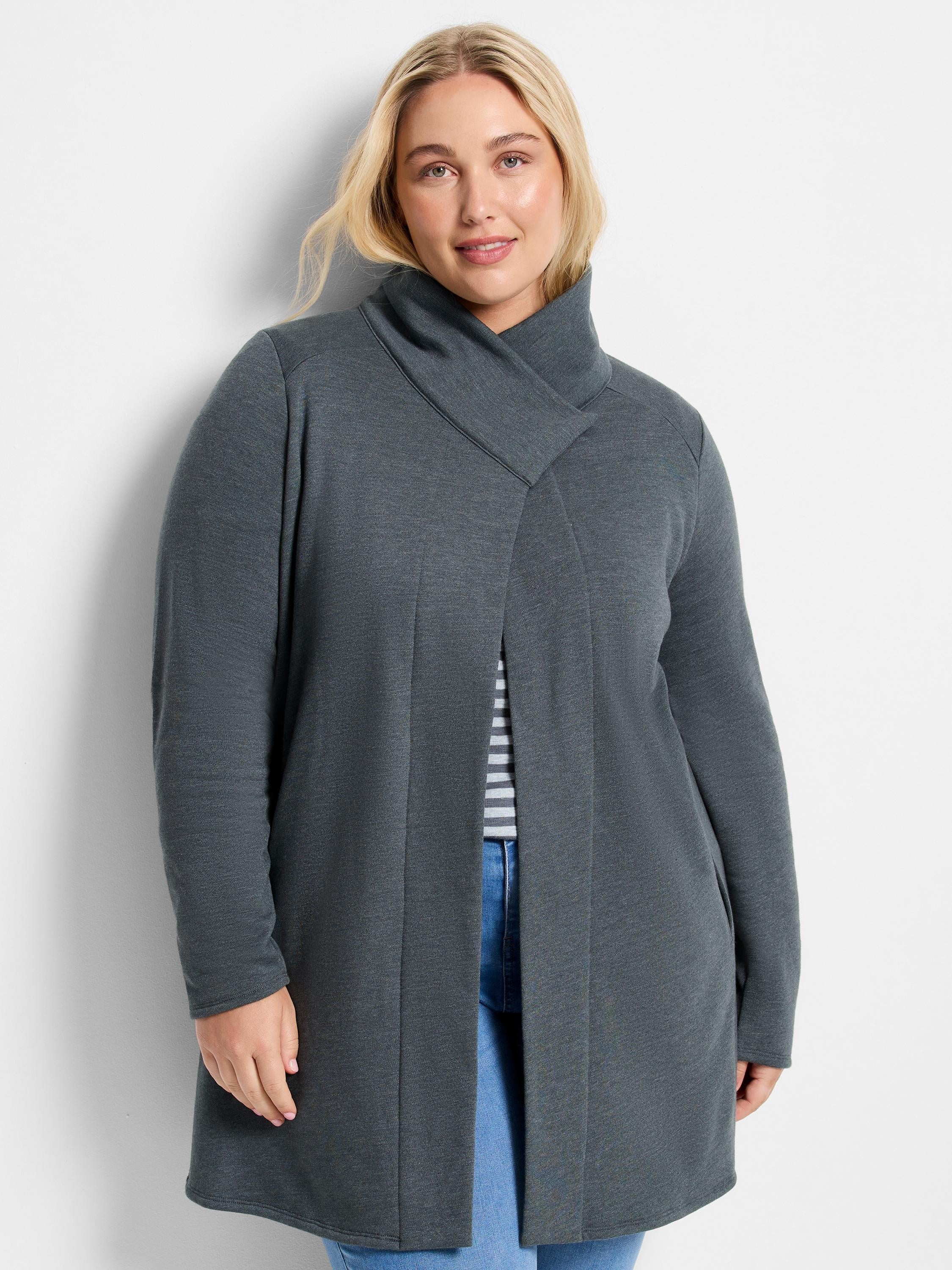 Dark gray, open-front tunic-length jacket with a high, draped collar and long sleeves.