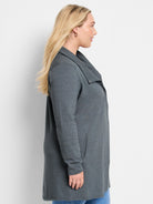 Dark grey open-front jacket with a draped collar, single snap closure, and side slit pockets.