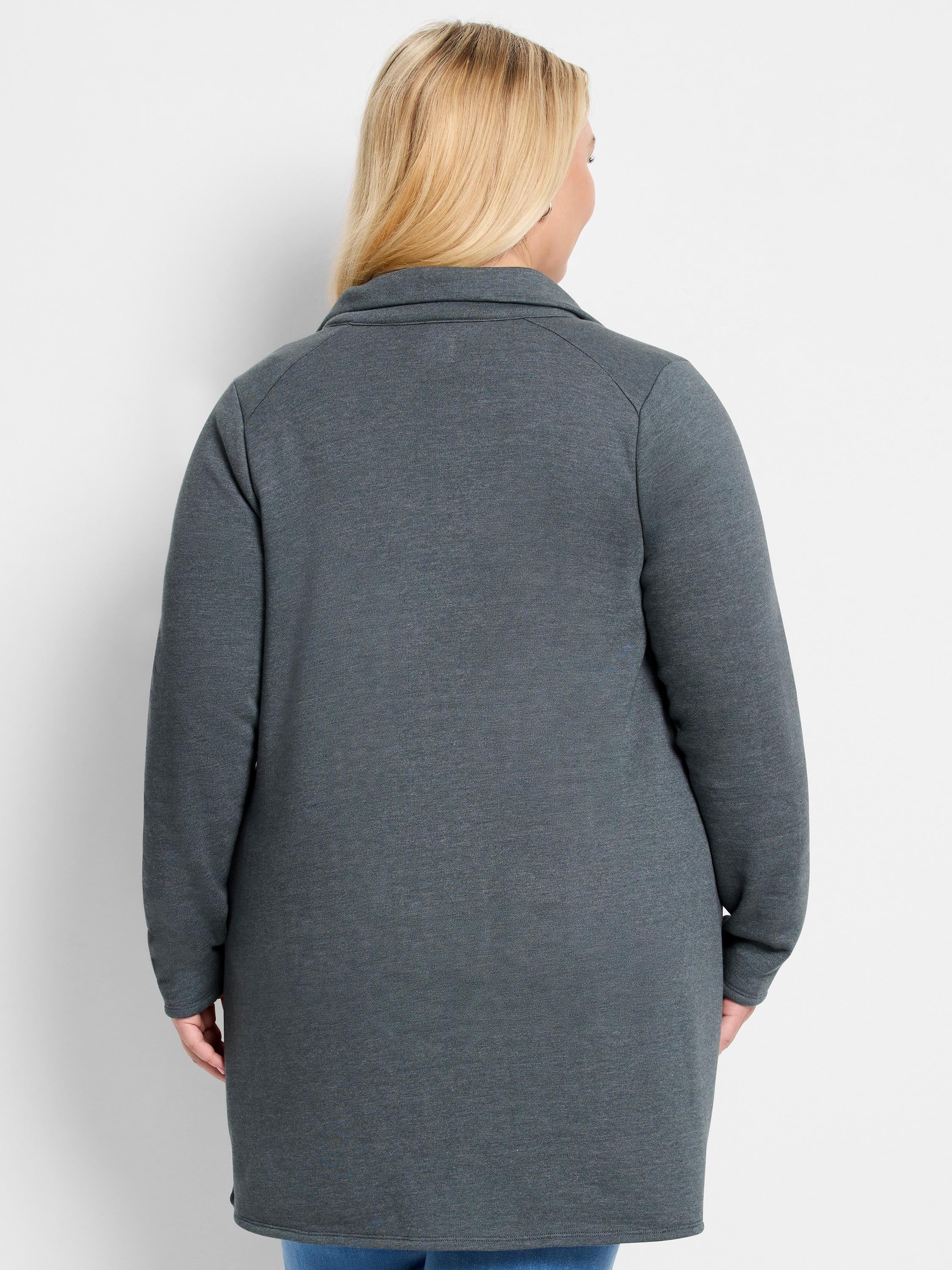 Dark gray knit jacket with a collar and long sleeves, shown from the back.