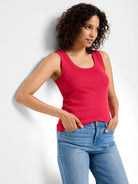 Red ribbed knit scoop tank top shown on a model.