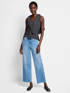 Charcoal grey ribbed scoop neck tank top on a model.