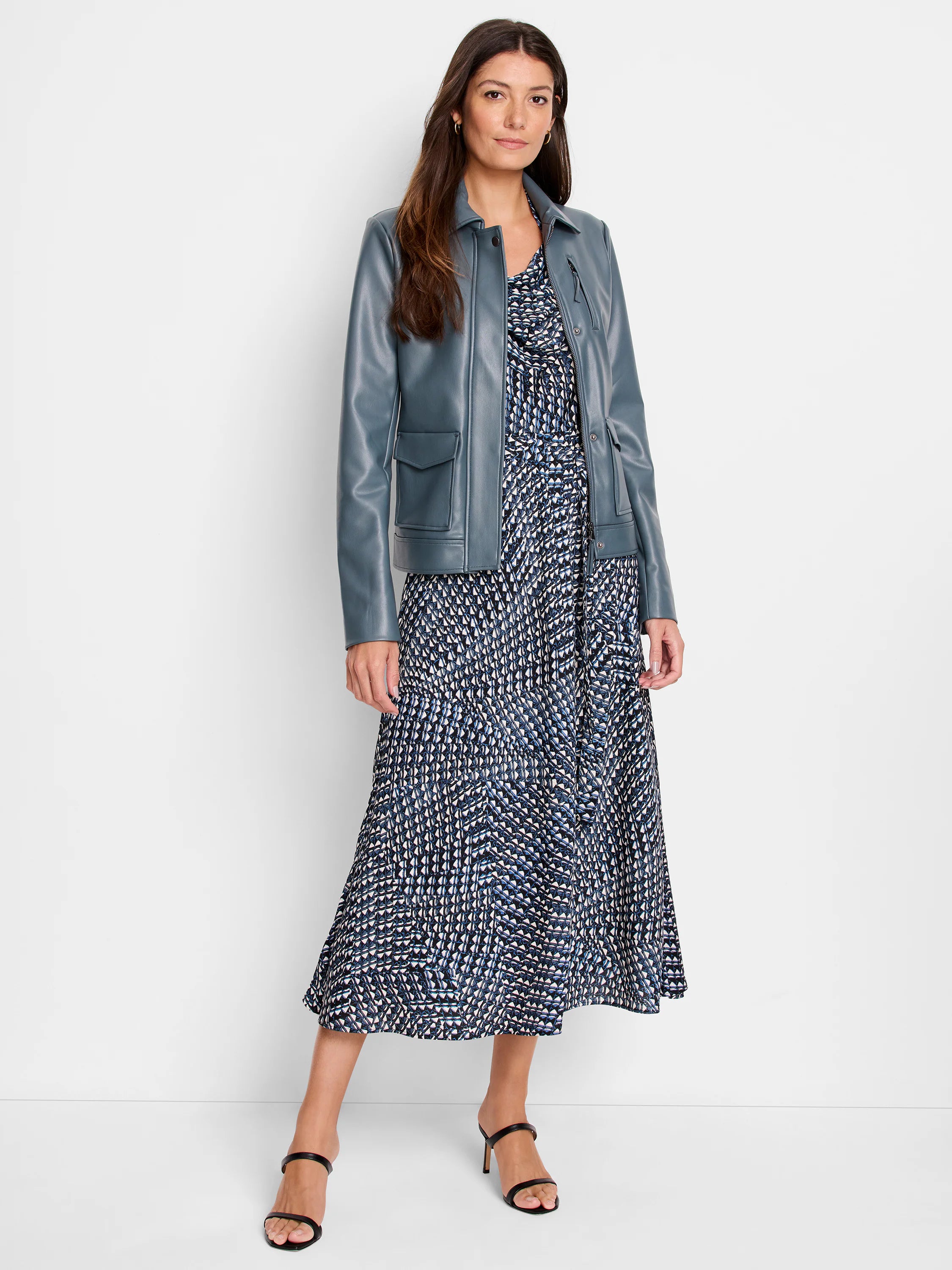 Slate blue faux leather jacket with a collar, zip closure, and two flapped chest pockets.