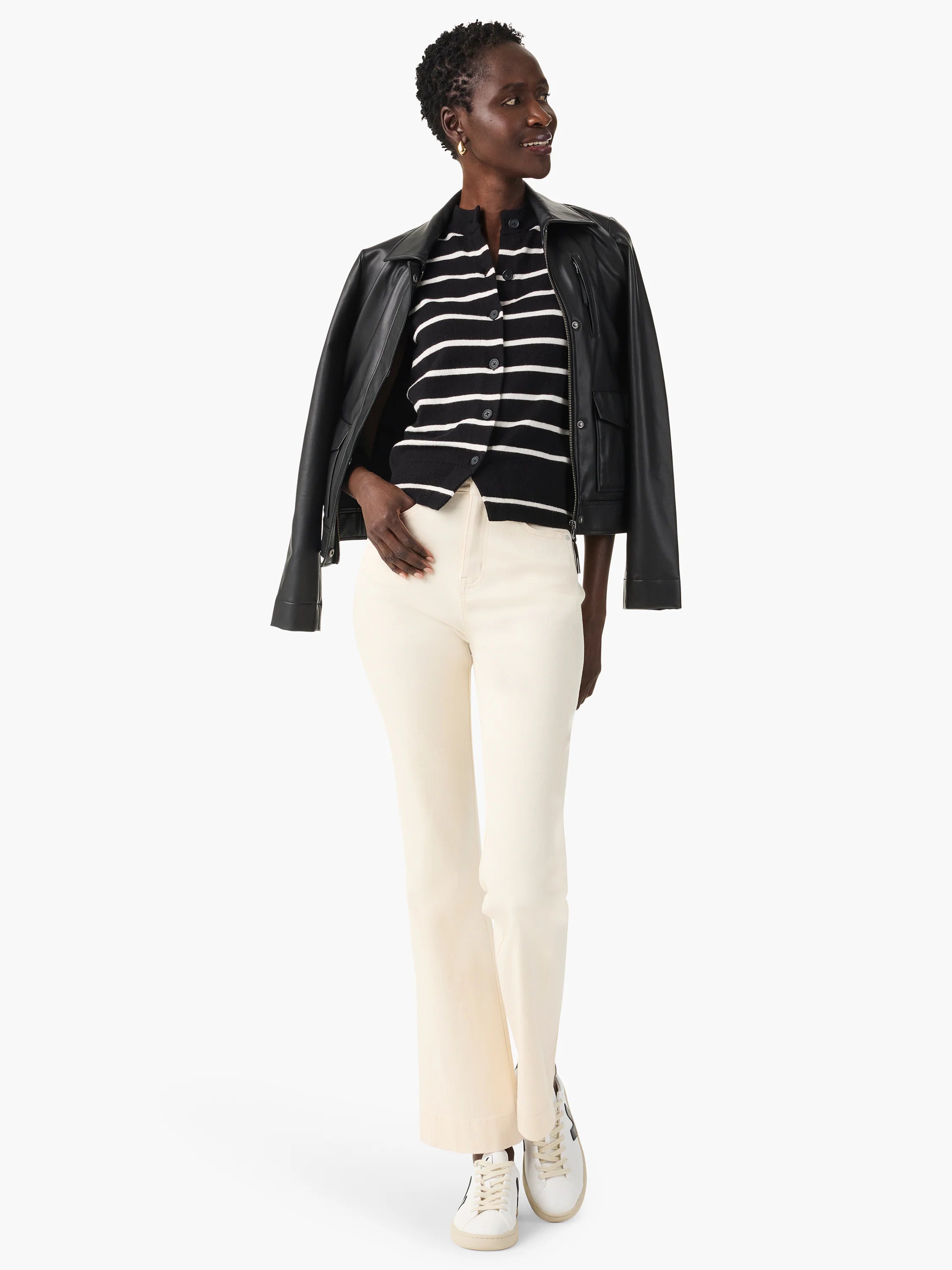 Black faux leather jacket, slightly shiny, with a collar, front zipper, and zippered chest pocket.