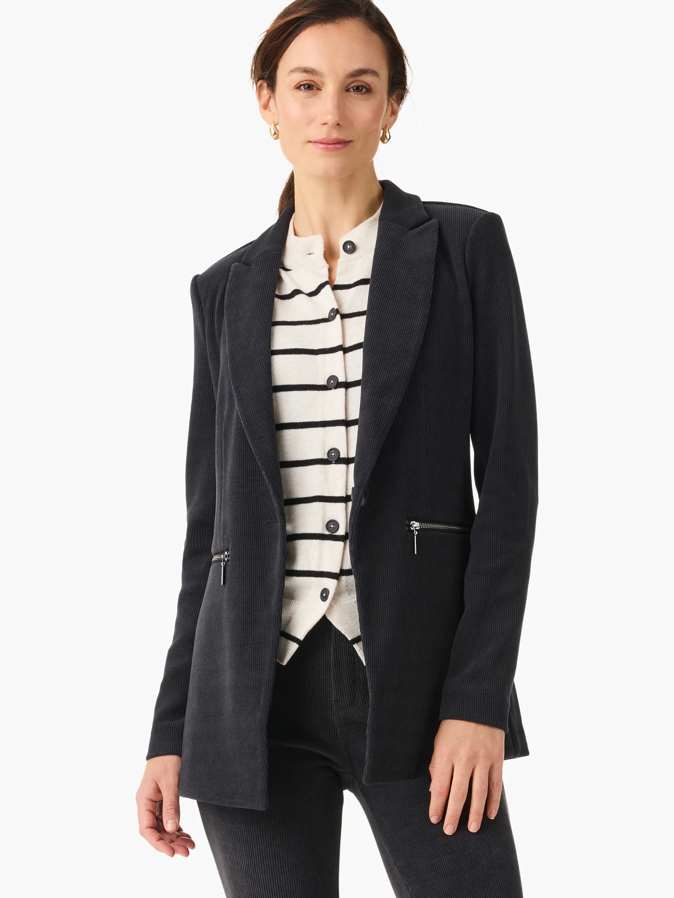 Dark gray corduroy jacket with ribbed texture, blazer lapels, and two front silver zipper pockets.