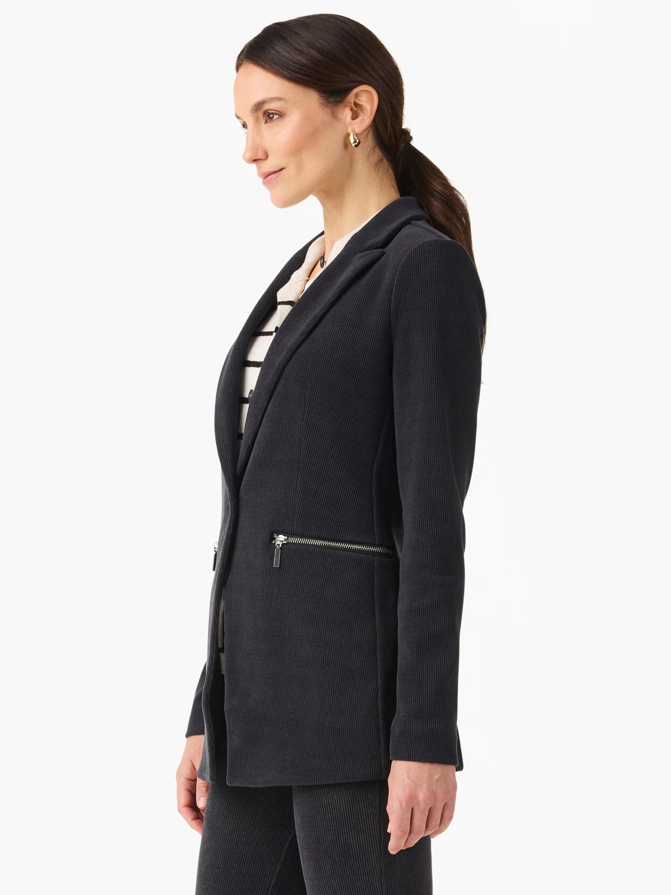 Dark gray corduroy blazer with notched lapels and a silver-tone zipper pocket on the front.