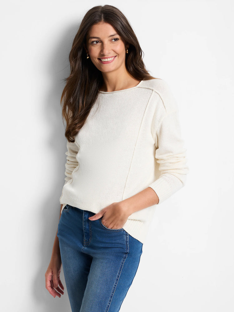 Cream knit sweater with a wide crew neck, long sleeves, and visible raised seams down the front and shoulders.