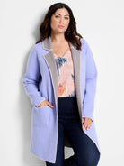 Reversible periwinkle and gray knit jacket, open front, lapel collar, patch pockets.