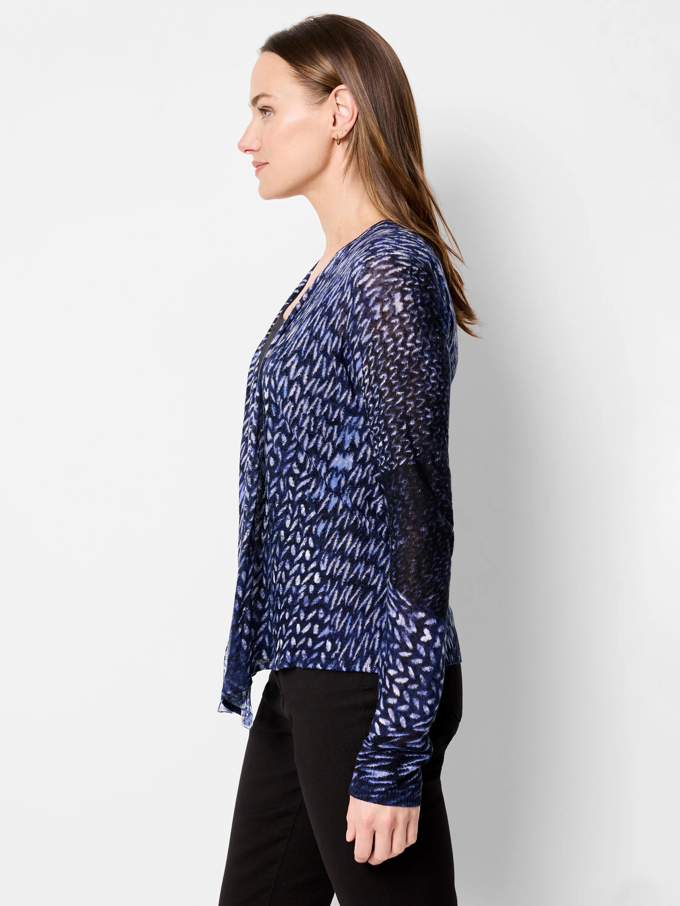 Indigo open-front cardigan with blue and white dash pattern and long sleeves.