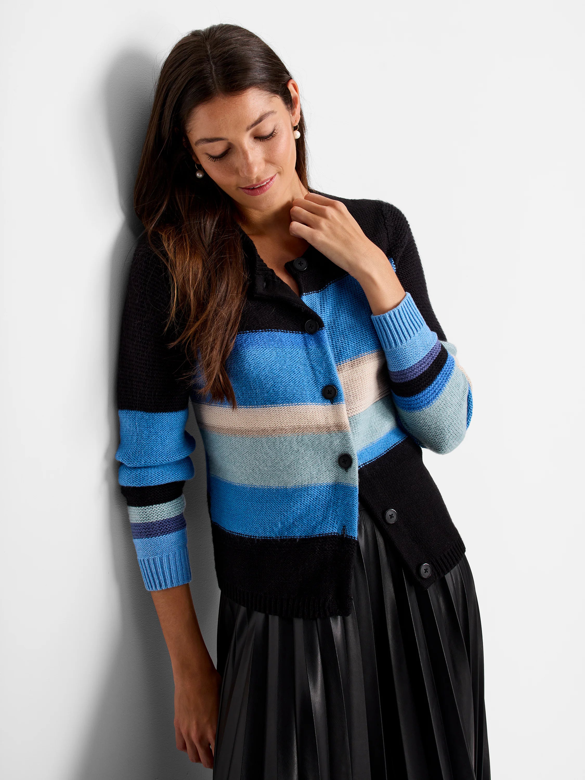 Black, multi-blue, & tan striped button-front cardigan with ribbed cuffs.