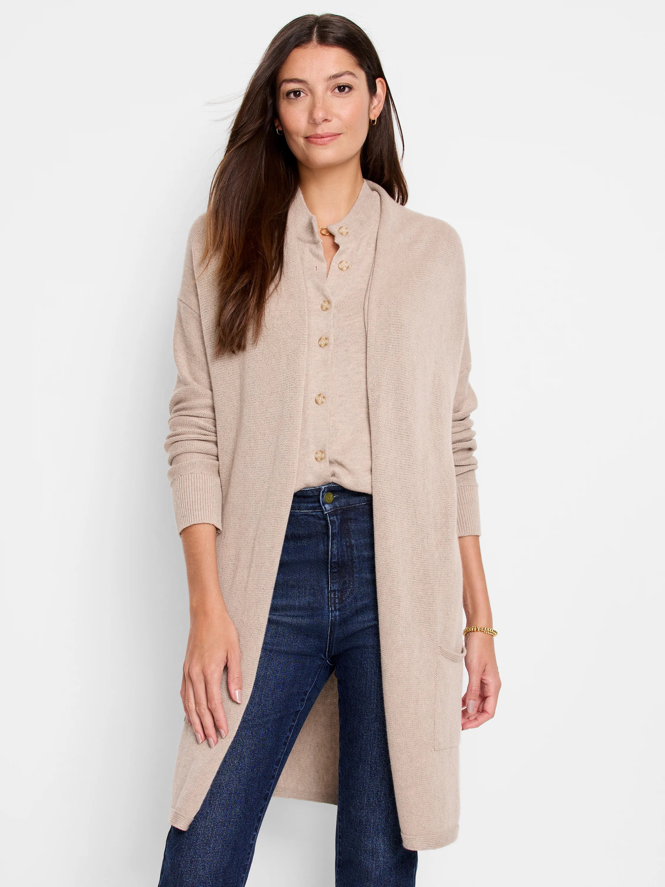 Beige long knit open cardigan with ribbed cuffs and side pockets.