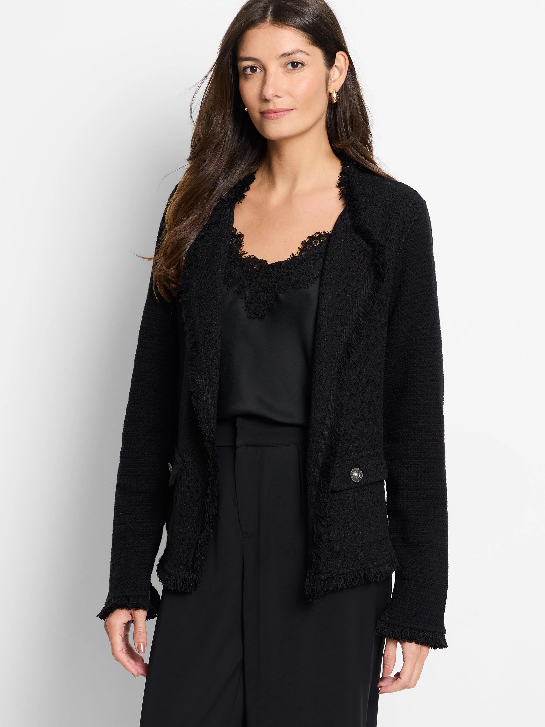 Black textured knit jacket with fringe trim on lapels, hem, and cuffs. Features two front pockets with silver buttons.