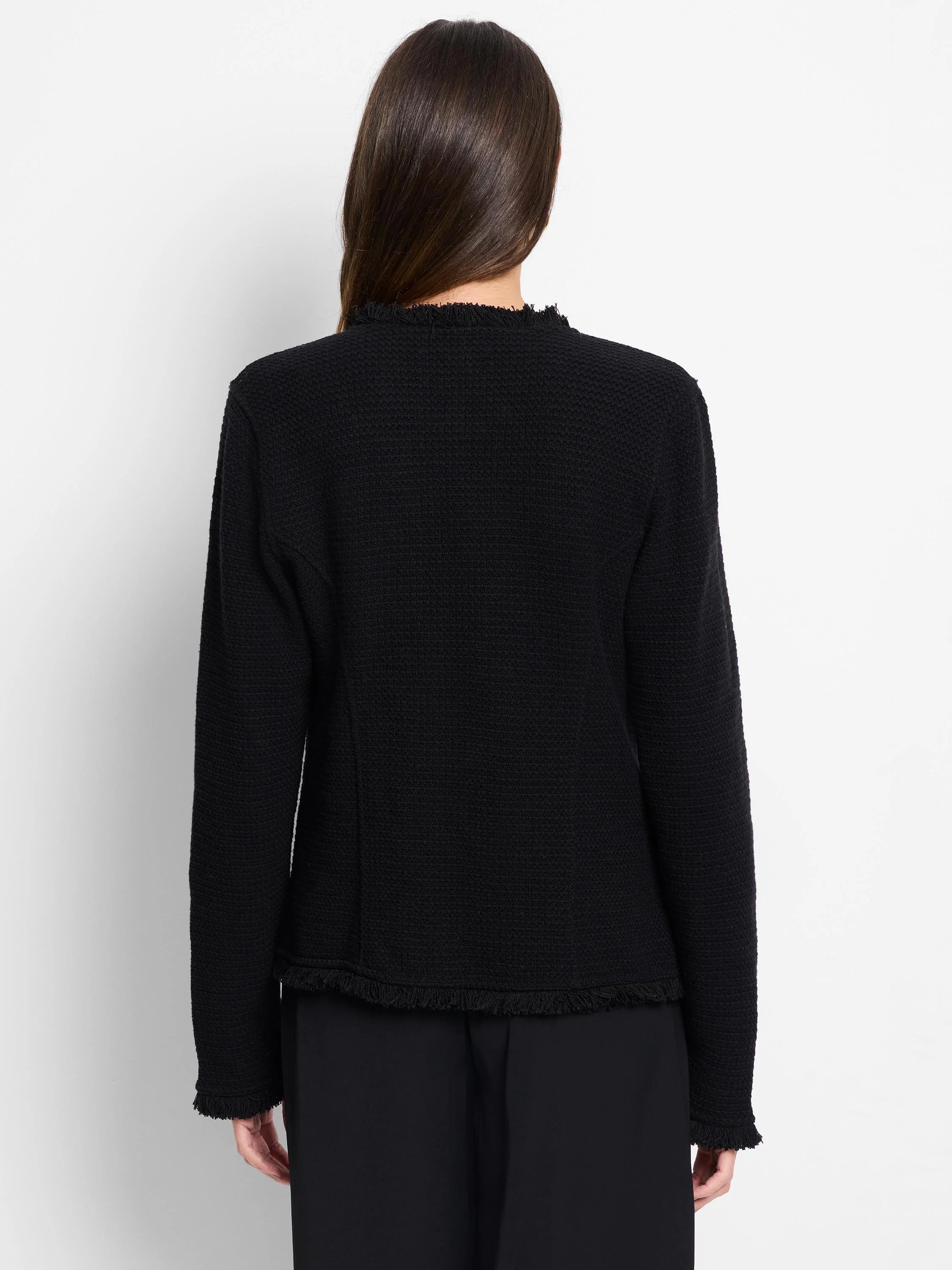 Black textured knit jacket, back view, with fringe details at the neckline, hem, and cuffs.