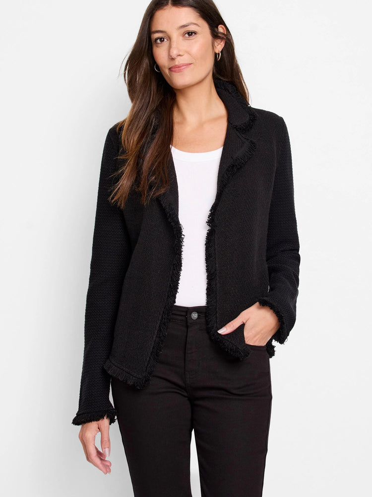 Black collared mix knit jacket with fringe along the front edges and cuffs.