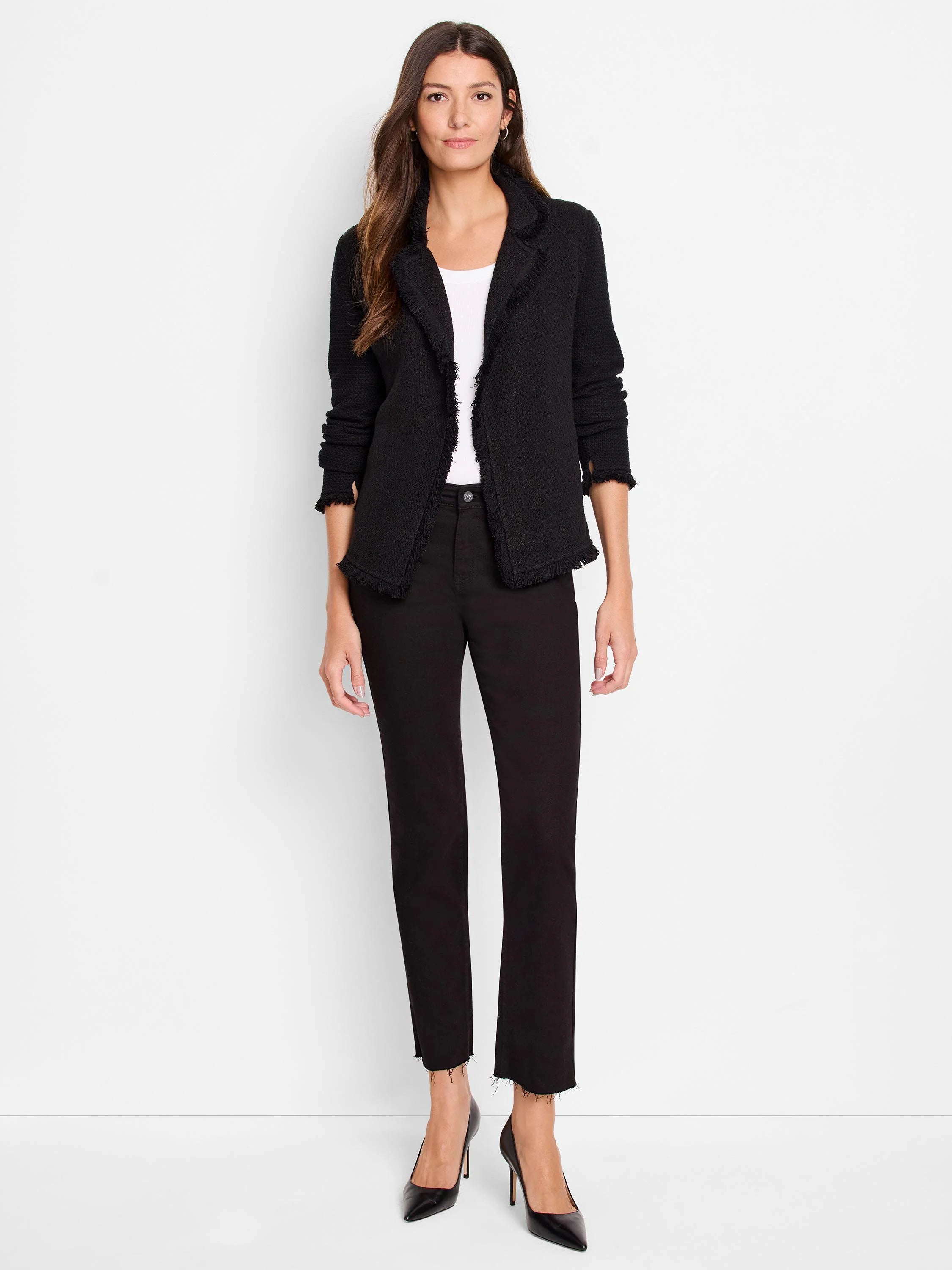 Black collared mix knit jacket with fringe trim on the collar, open front, cuffs, and hem.