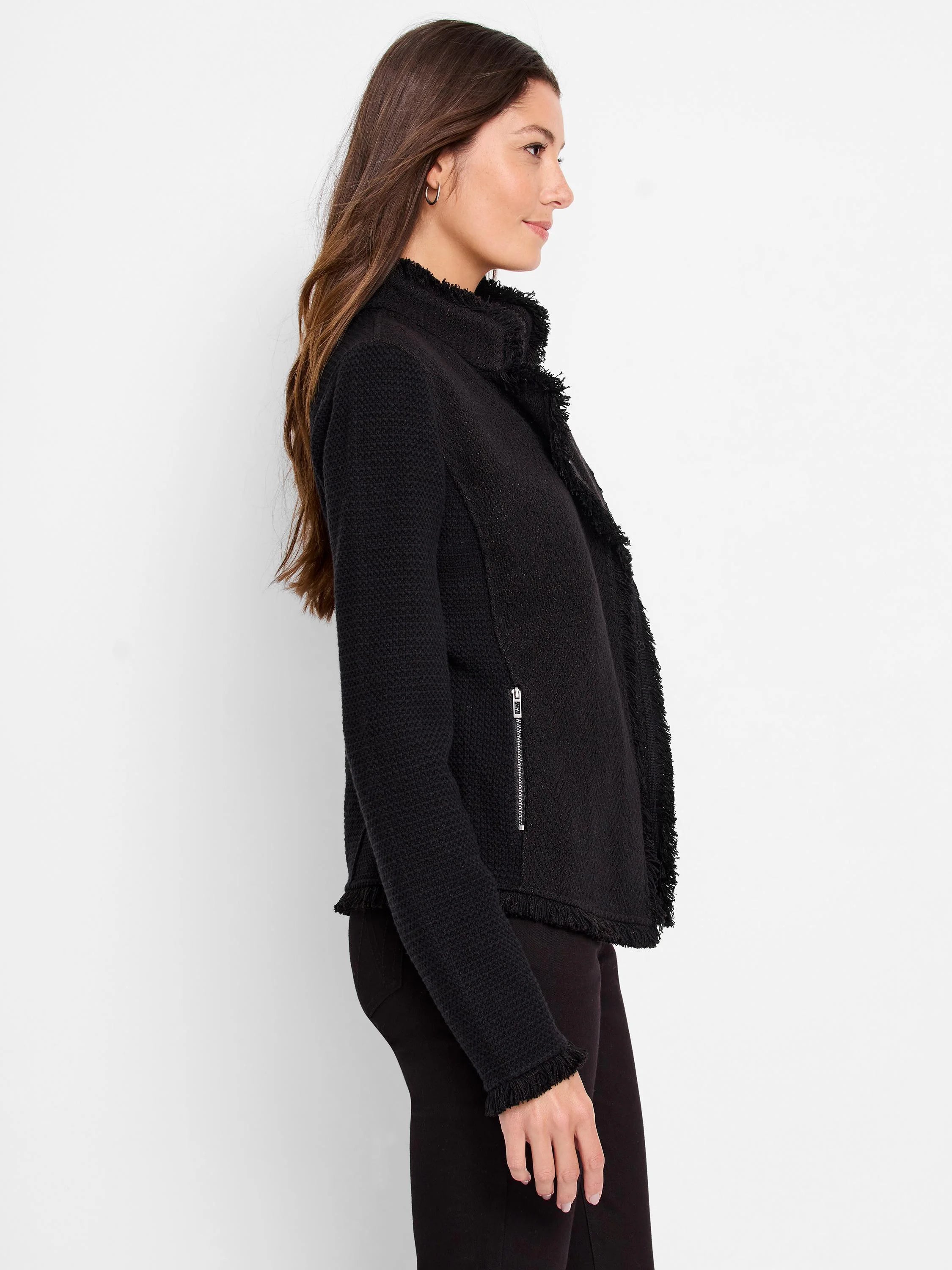 Black mixed knit jacket. Fringe on collar, front, cuffs, and hem. Silver zipper pocket.