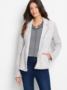 Light grey mixed knit open-front jacket with fringe trim along the collar, front opening, and cuffs.