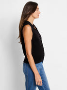 Black V-neck sweater vest, sleeveless with front buttons and ribbed hem and armholes.