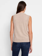 Beige sleeveless sweater vest, shown from the back, featuring a mock neck, fine knit texture, and ribbed details.