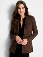 Brown heather knit blazer with a lapel collar, three gold-rimmed buttons, and front patch pockets.