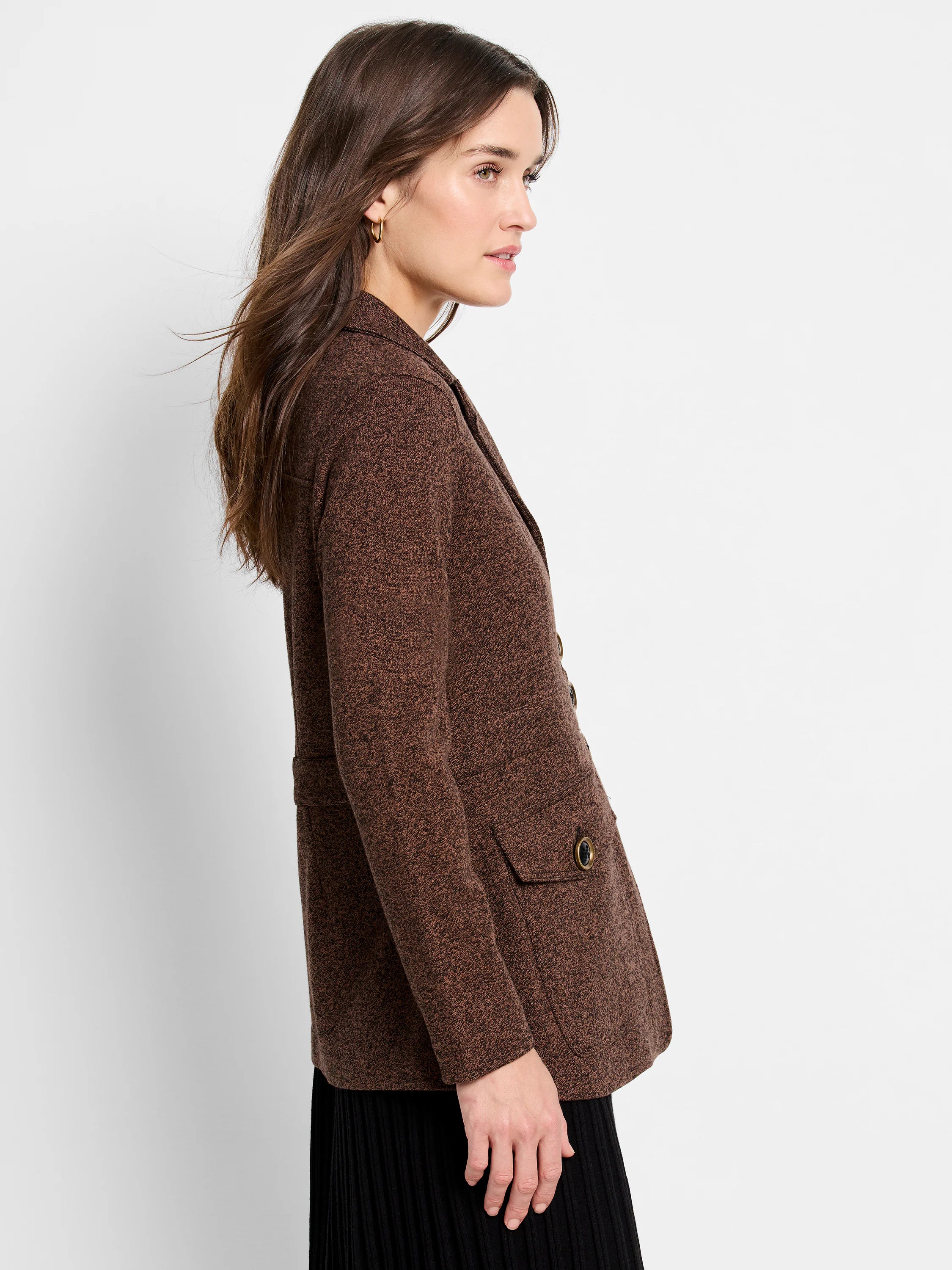 Editor Knit Blazer, heathered brown, with lapels and dark buttons featuring brass rims on flap pockets.
