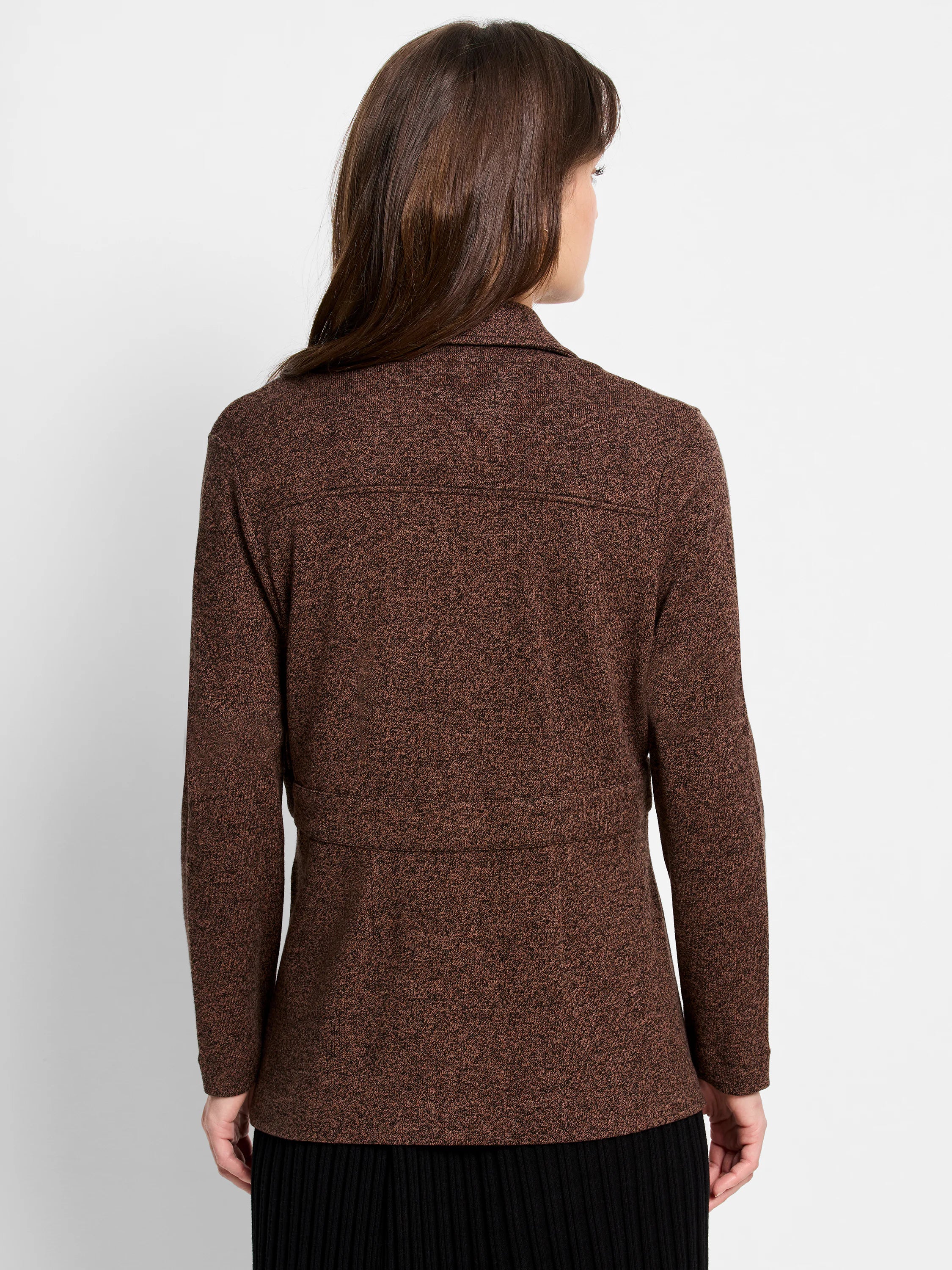 Marled brown knit blazer, back view. Features collar, long sleeves, a back yoke, and horizontal waist seam.