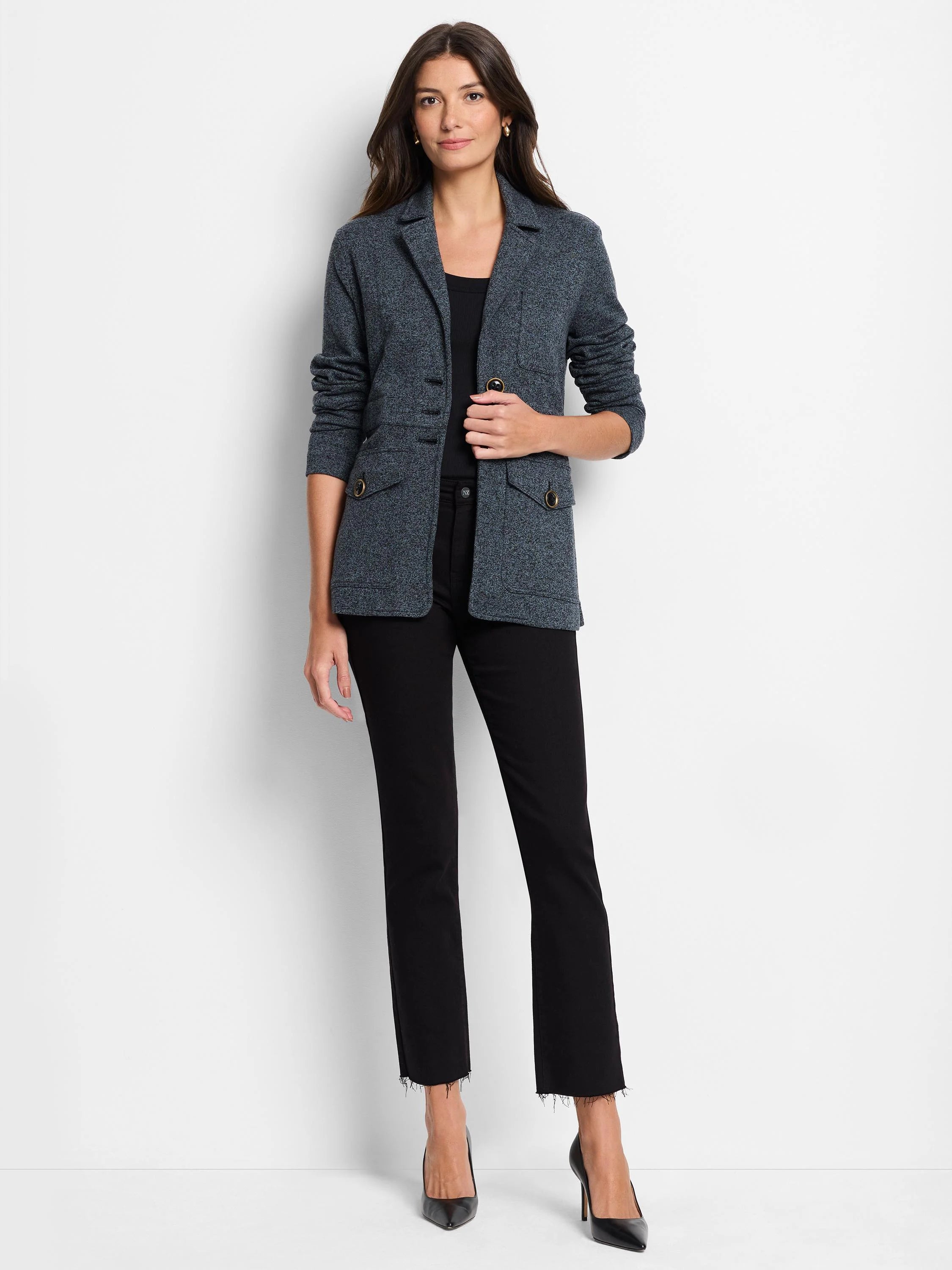 Heathered dark gray knit blazer with notched lapels, front buttons, and two flap pockets with brass details.