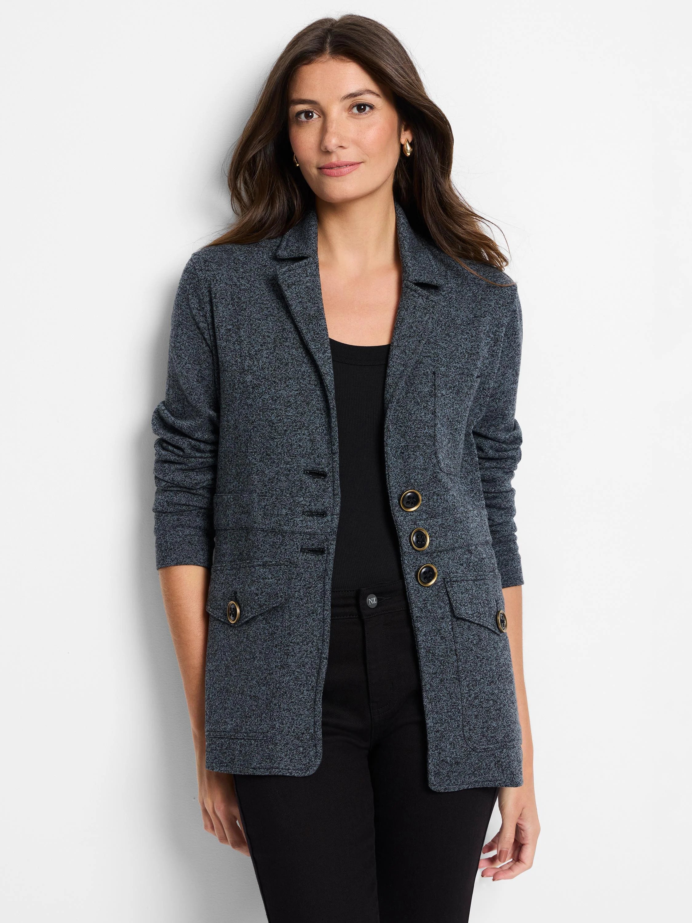 Dark grey marl knit blazer. Lapels, 3 black buttons on left, 3 gold-rimmed buttons on right, 2 buttoned flap pockets.