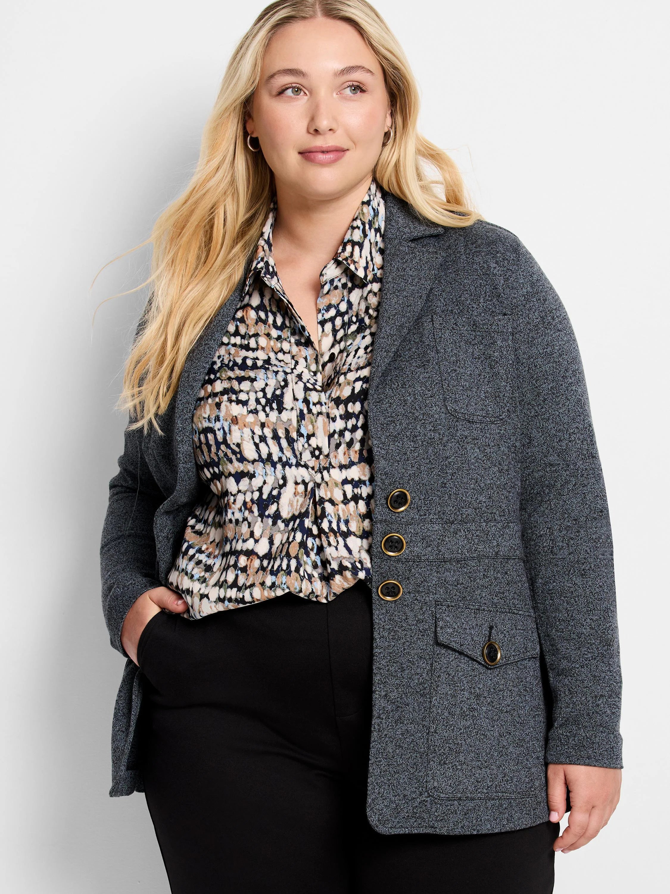 Dark grey heathered knit blazer with three gold-rimmed buttons and two front flap pockets.